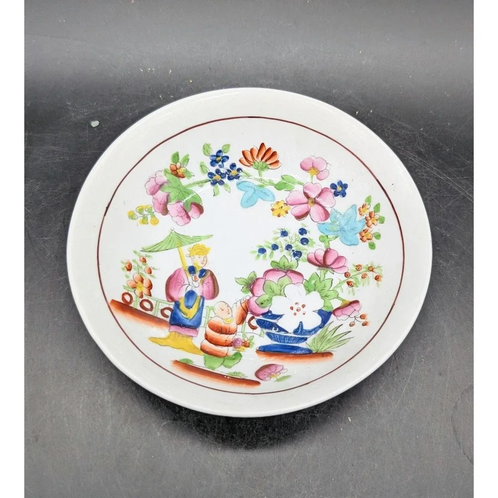 Vintage Hilditch Sons Chinoiserie Hand Painted Porcelain Bowl Floral Figure 4